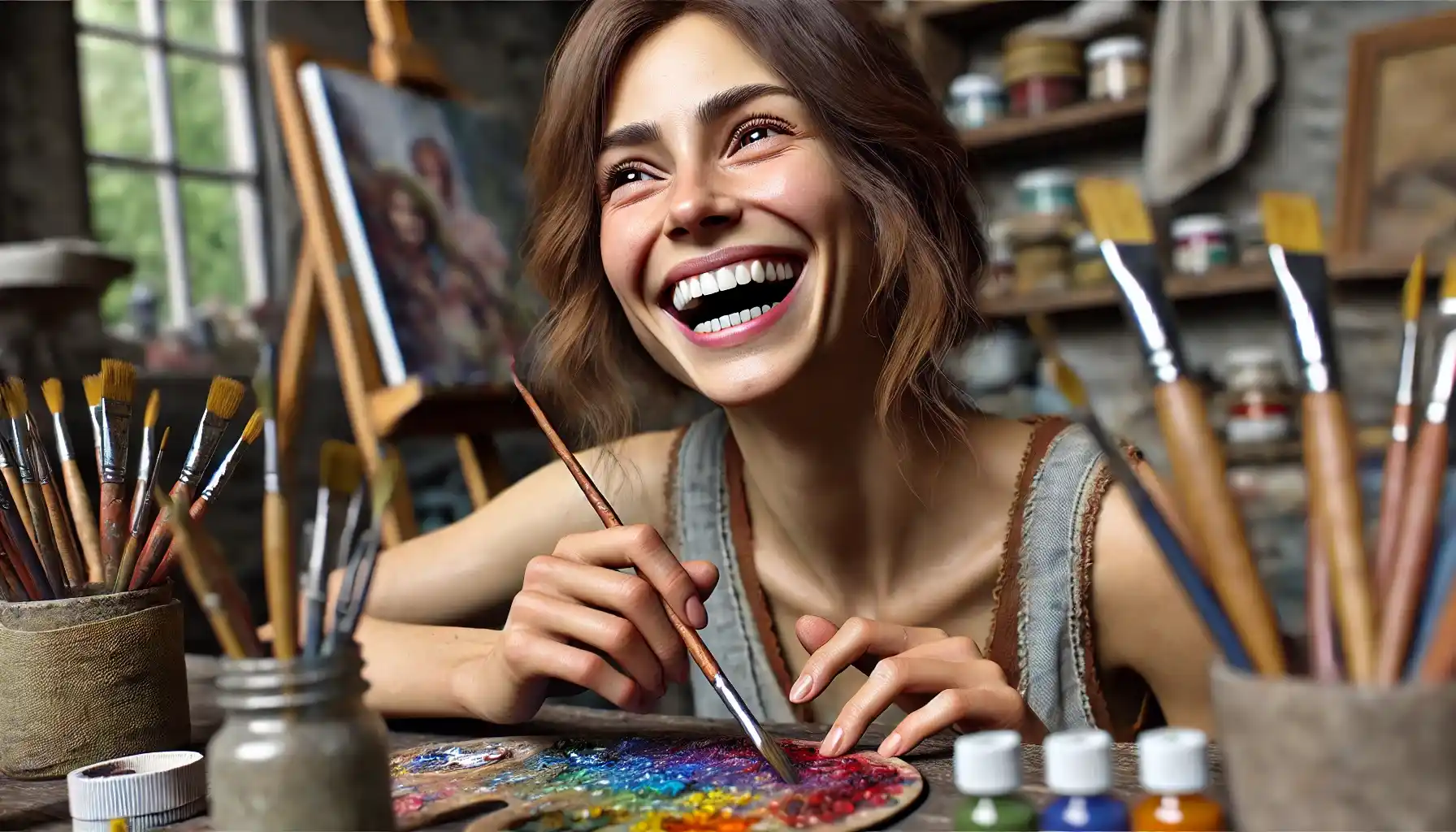 a laughing woman engaged in her hobby of painting. She is sitting at a table, holding a paintbrush with vibrant colors on the palette.