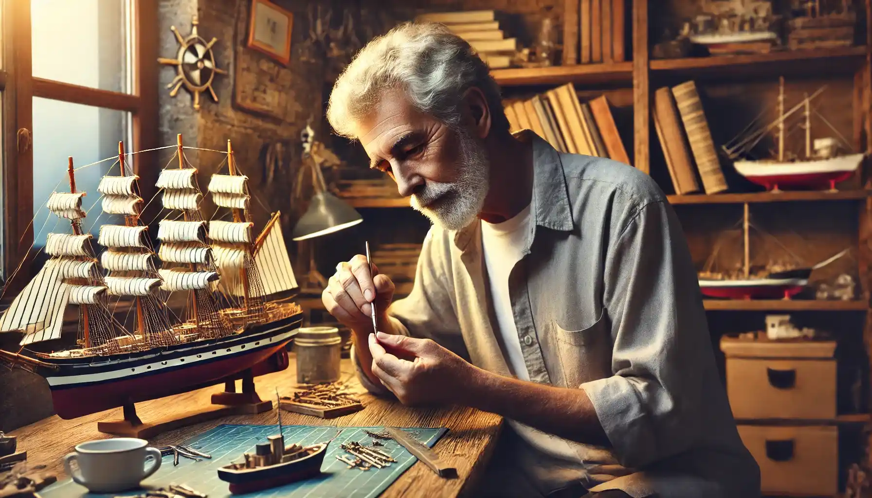 an elderly man engaged in his hobby of model ship building. He is seated at a workbench, carefully assembling small ship parts with tools around him.