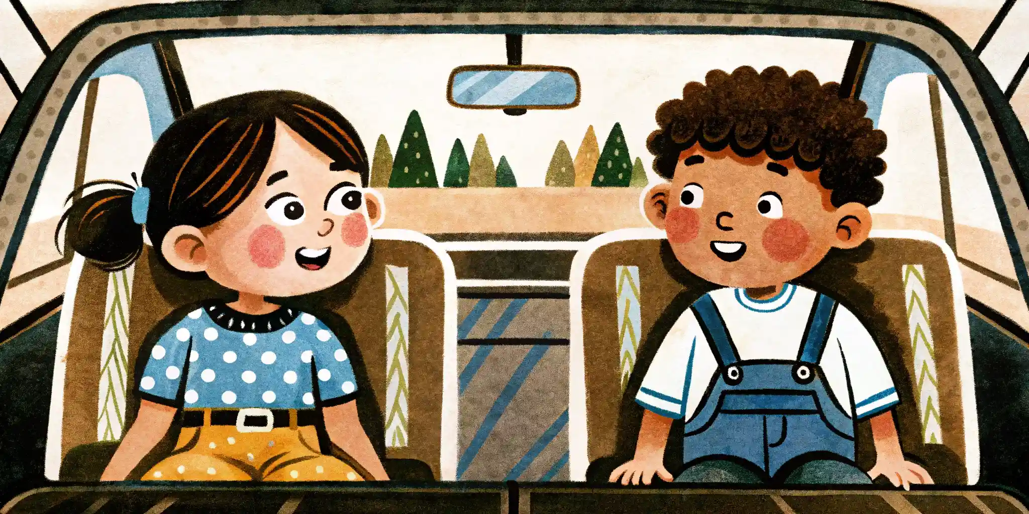 two kids are sitting in the back of the car and talking