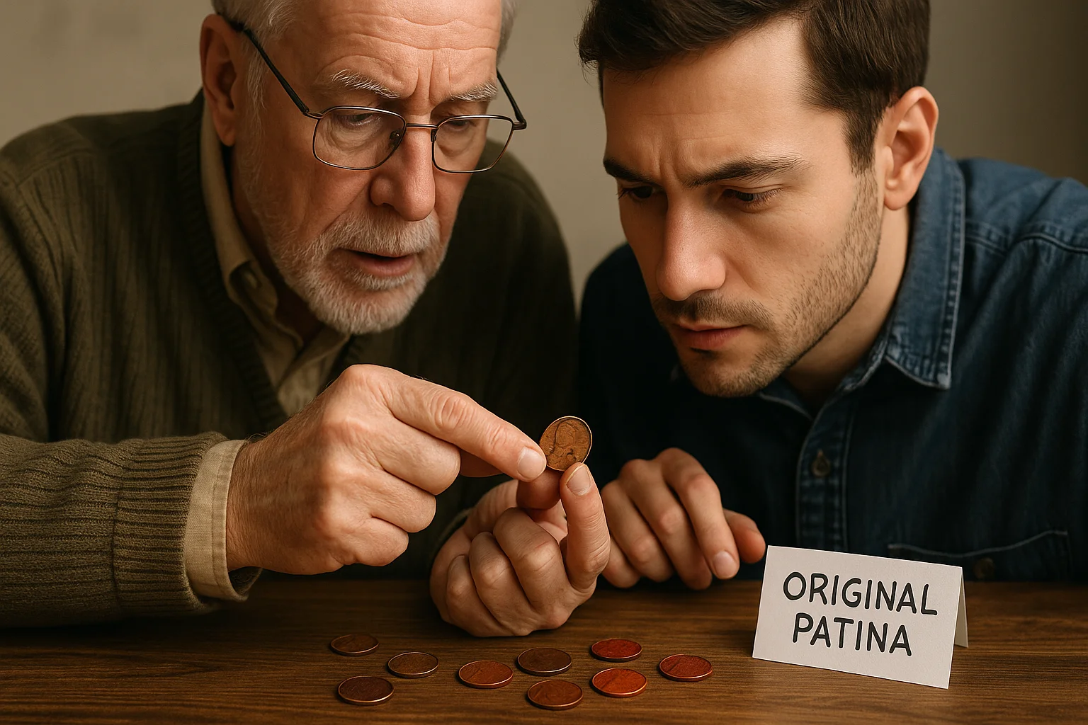 An elderly numismatist teaches a younger student how to tell original toning from cleaned surfaces while they study copper coins of different colors on the table.