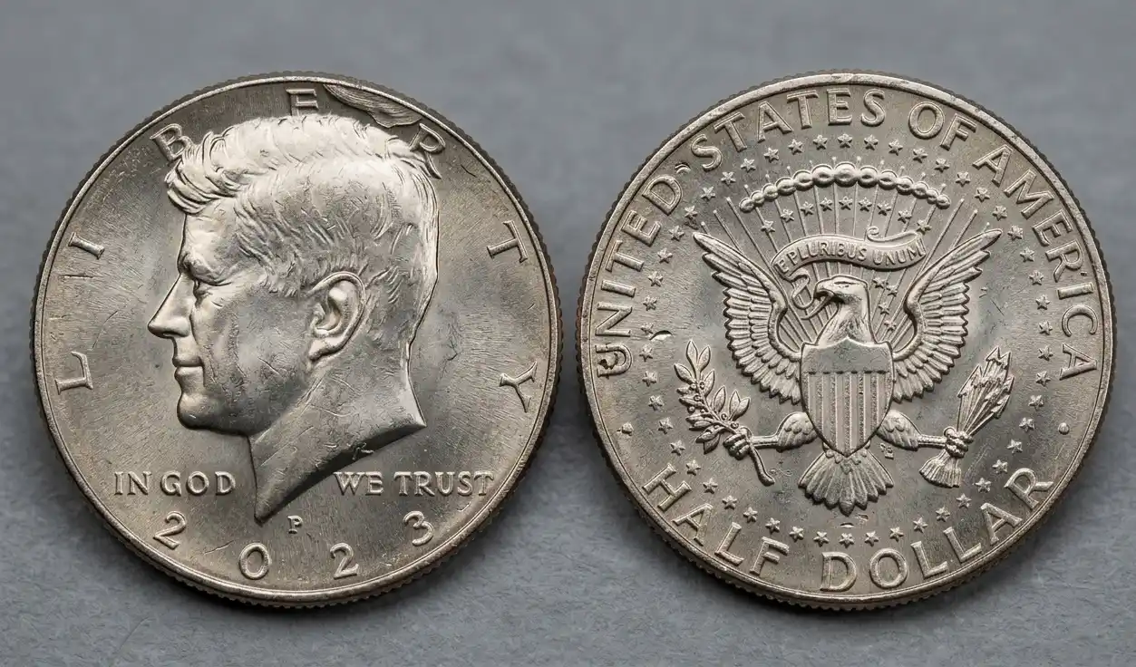 Detailed close-up of a 2023 Kennedy half dollar showing strike irregularity