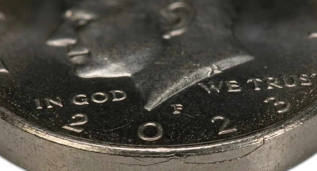close-up of a 2023 half dollar error coin edge
